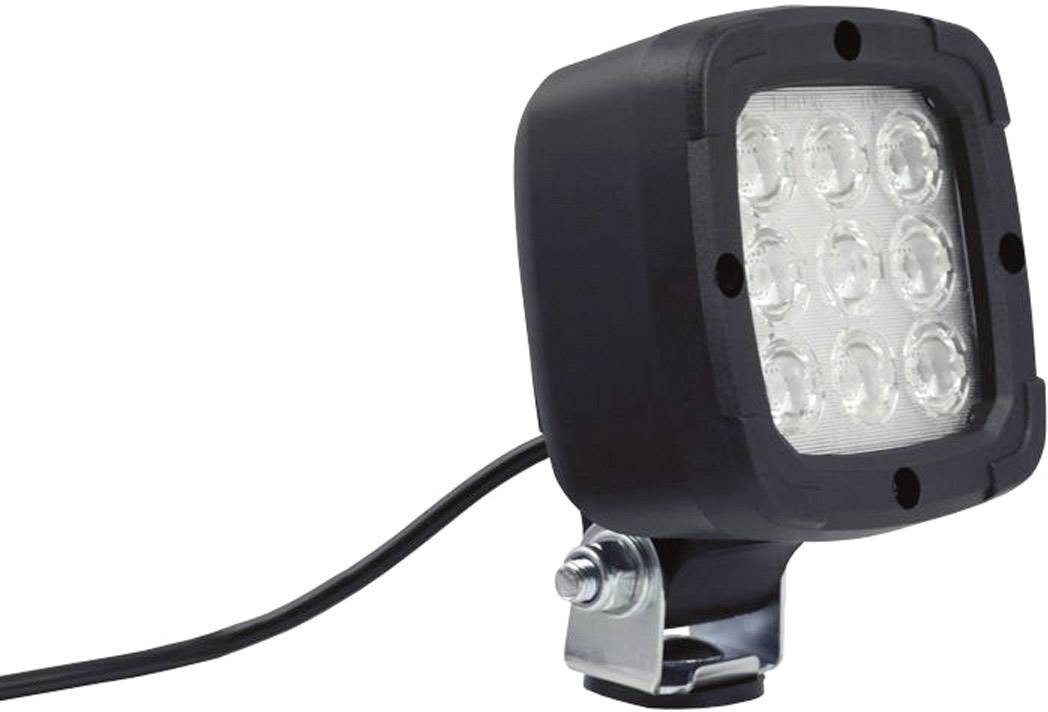 Čtvercová černá LED pracovní svítilna s devíti viditelnými LED světly a napájecím kabelem.