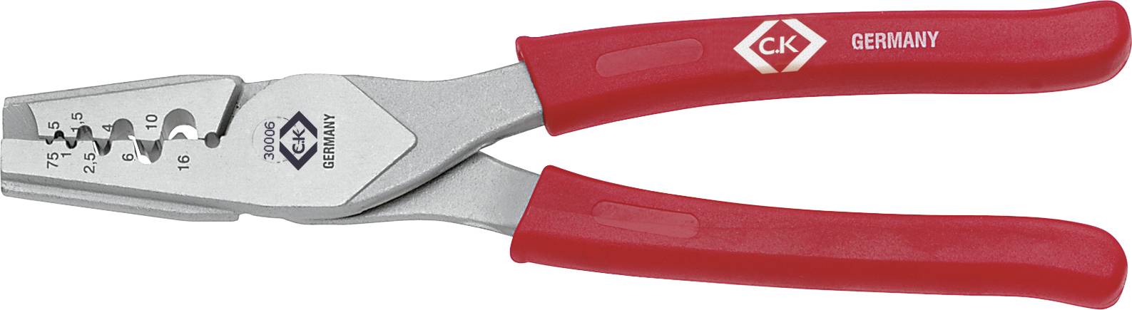 Krimpovací kleště s červenými rukojeti a kovovými čelistmi, vhodné pro neizolované kabely v rozsahu 0,75 až 16 mm². Logo značky na rukojeti.