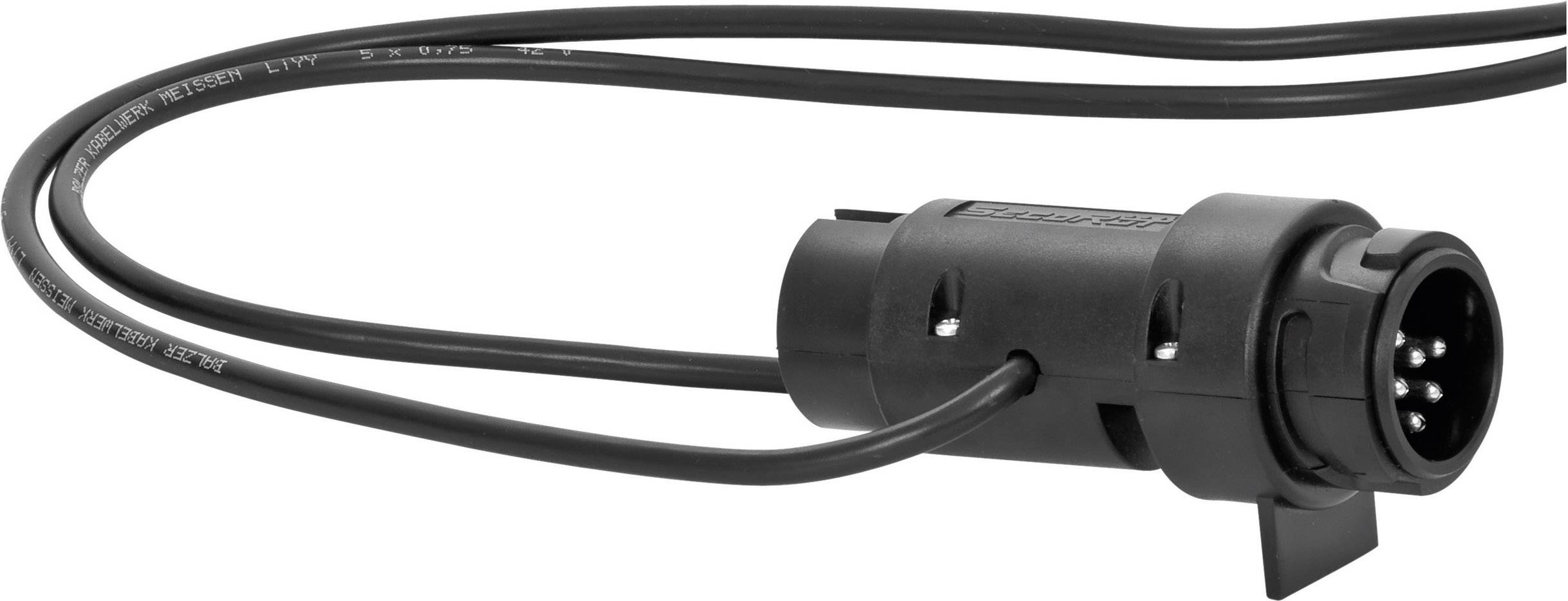 Černá elektrická zástrčka s několika kolíky a dvěma připojenými kabely.