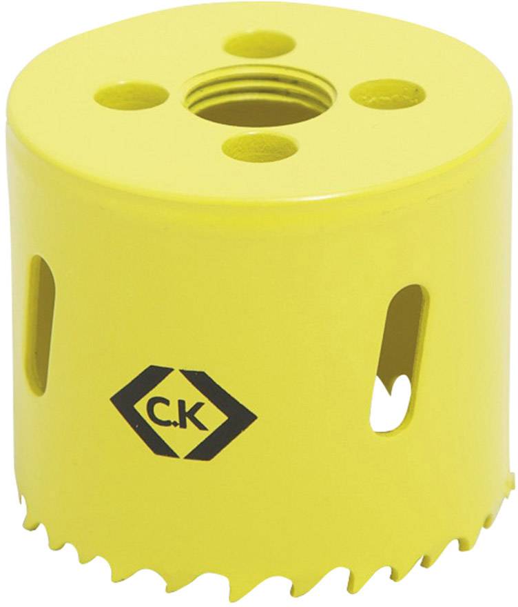 Žlutý nástavec na děrovací pilu s několika řezacími zuby a větracími otvory. Logo 'C.K' je viditelné na straně.