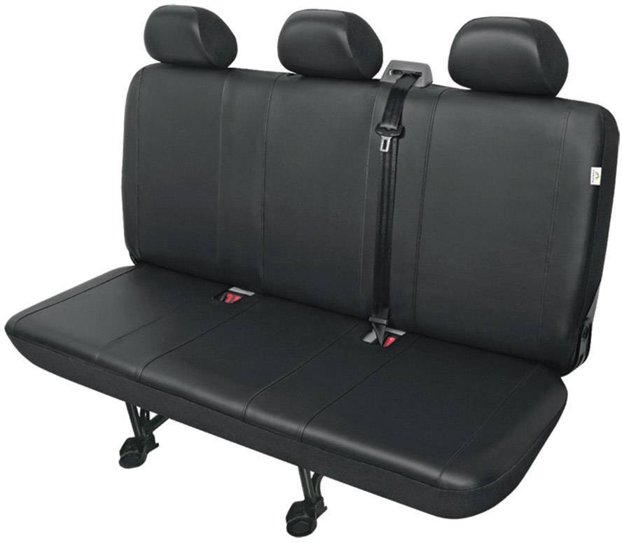 Trojitá zadní lavice sedadel s černými koženými sedadly a pásy, vhodná do automobilu. Nejsou zde zobrazeny žádné osoby.