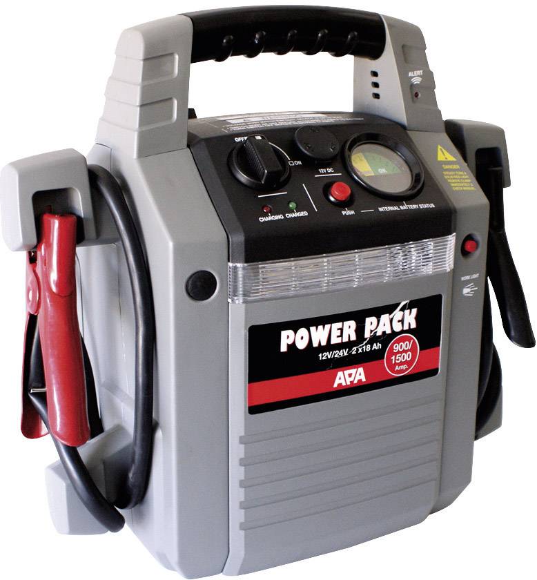 Přenosná powerbanka s svorkami a ovládacími tlačítky, vhodná pro 12/24V, 21/18 Ah. Vhodná pro startování autobaterií.