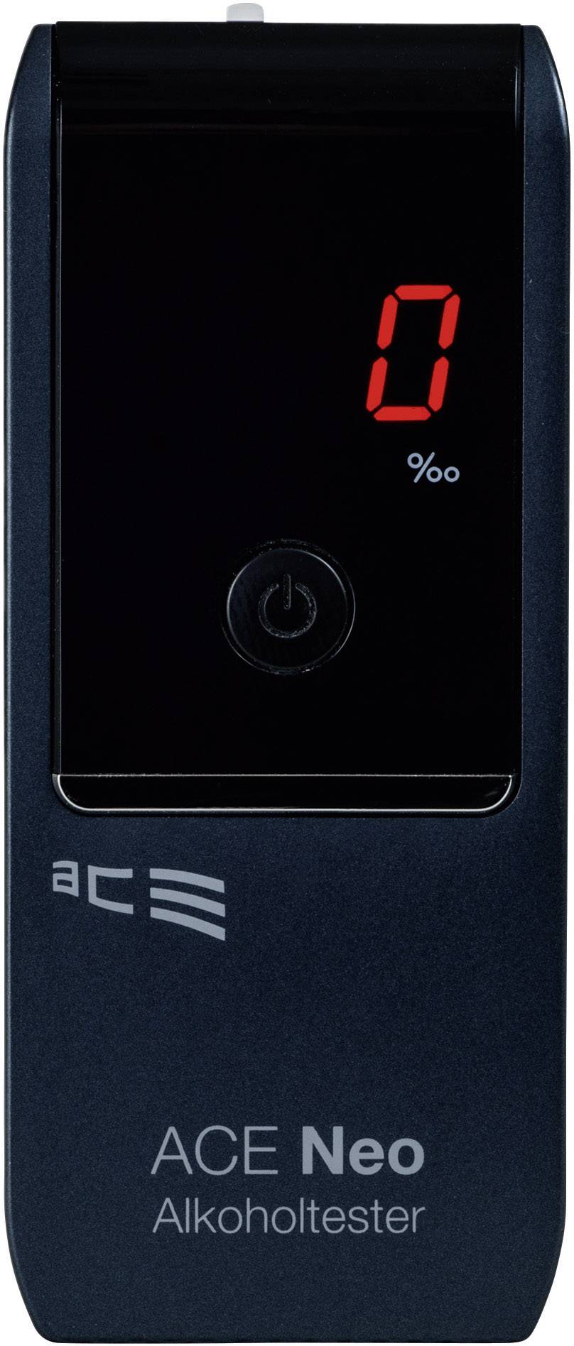 Alkoholový tester s digitálním displejem ukazuje '0 ‰'. Zařízení má zapínací tlačítko a logo 'ACE Neo'.