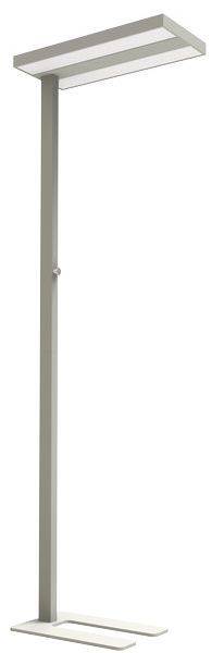 Moderní, minimalistická stojací lampa s obdélníkovým stínítkem, šedým stojanem a plochým podstavcem. Vhodná pro osvětlení kanceláře.