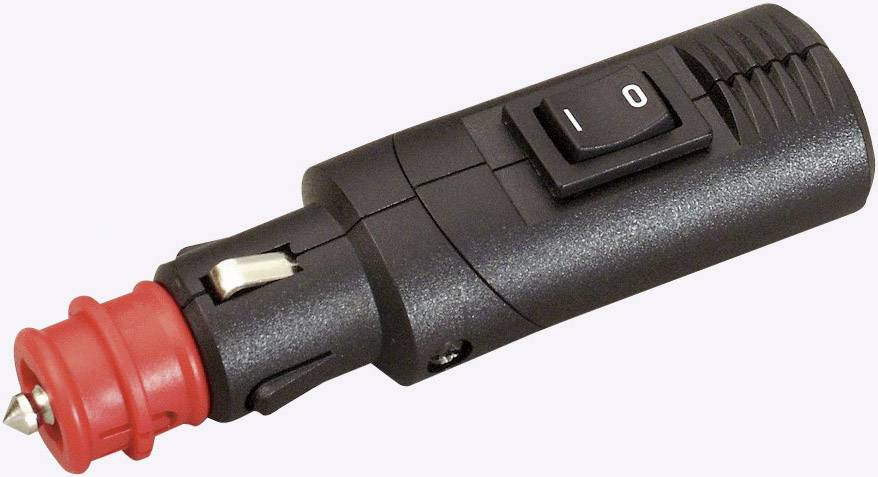 Černý adaptérový konektor s červeným připojením a spínačem s označením 'I' a 'O', vhodný pro automobilové zásuvky.