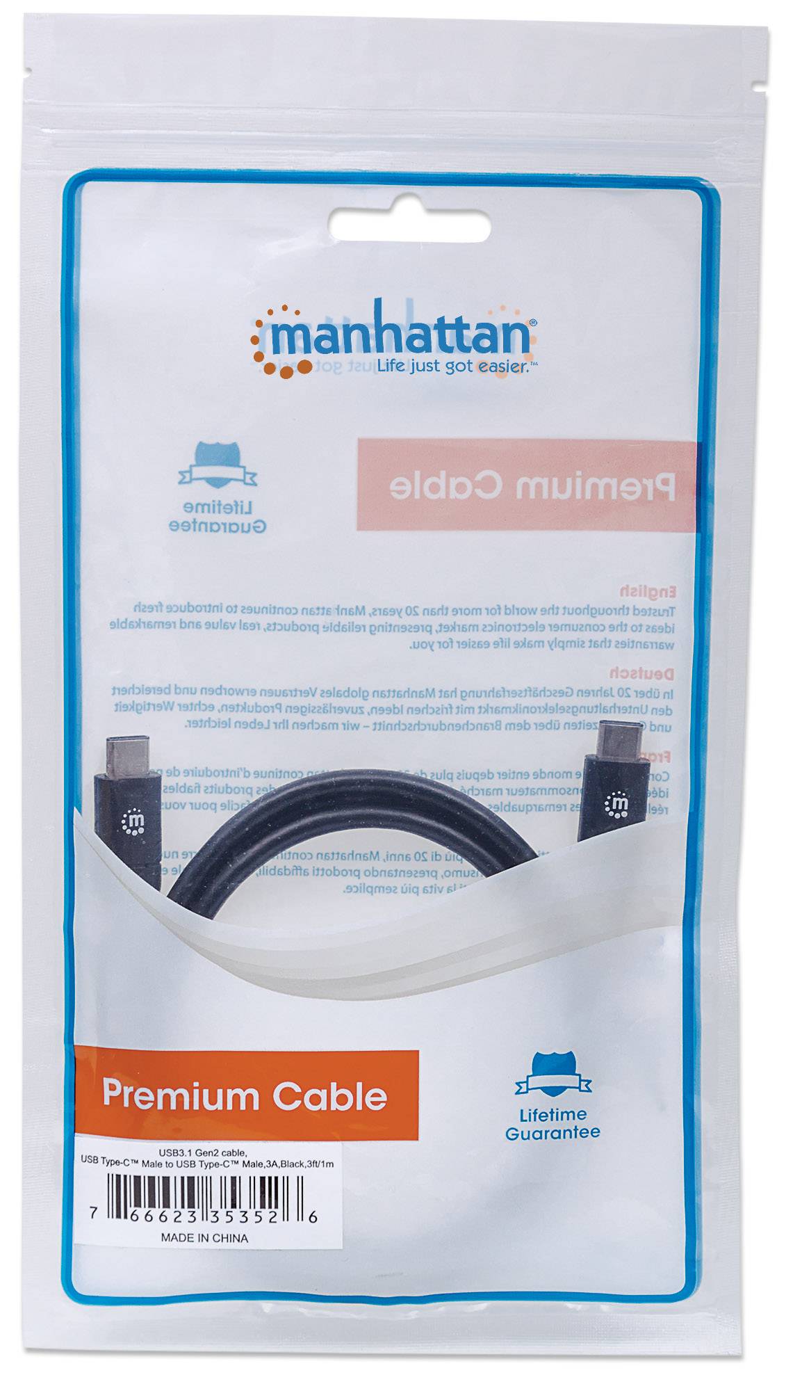 Manhattan USB kabel USB 3.2 Gen1 USB-C ® zástrčka, USB-C ® zástrčka 1.00 m černá UL certifikace 353526-9