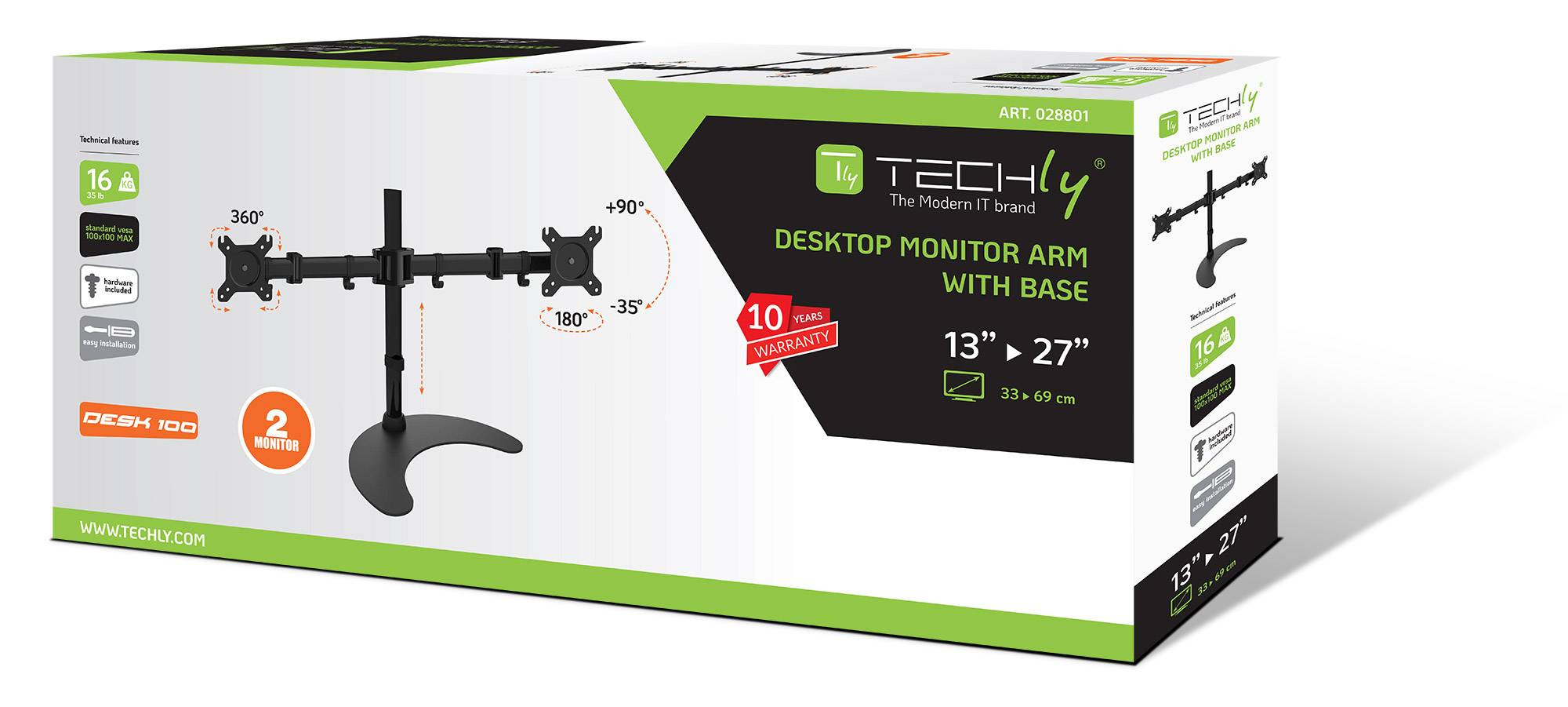 TECHly ICA-LCD-3410 držák monitoru 2 Displej: (s) 33,0 cm (13") - 68,6 cm (27") černá otočný, nastavitelná výška, nakláp-8
