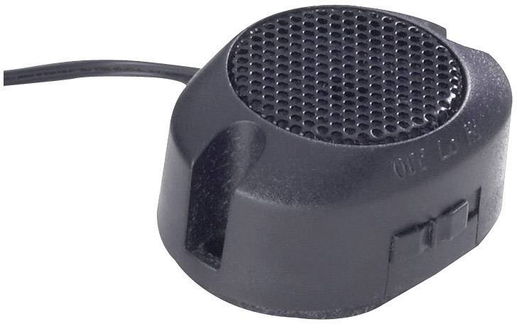 Černý reproduktor s kabelem; kompaktní, kulatý tvar a mřížkový kryt, vhodný pro audio aplikace.