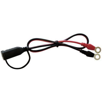 Černočervený kabel s adaptérem do autozapalovače a dvěma kroužkovými svorkami.