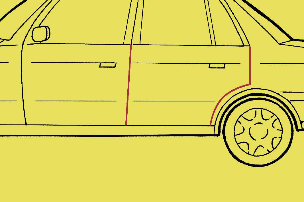 Automobilový náčrt se dvěma dveřmi a zadním kolem na žlutém pozadí. Linie znázorňují obrysy vozidla.