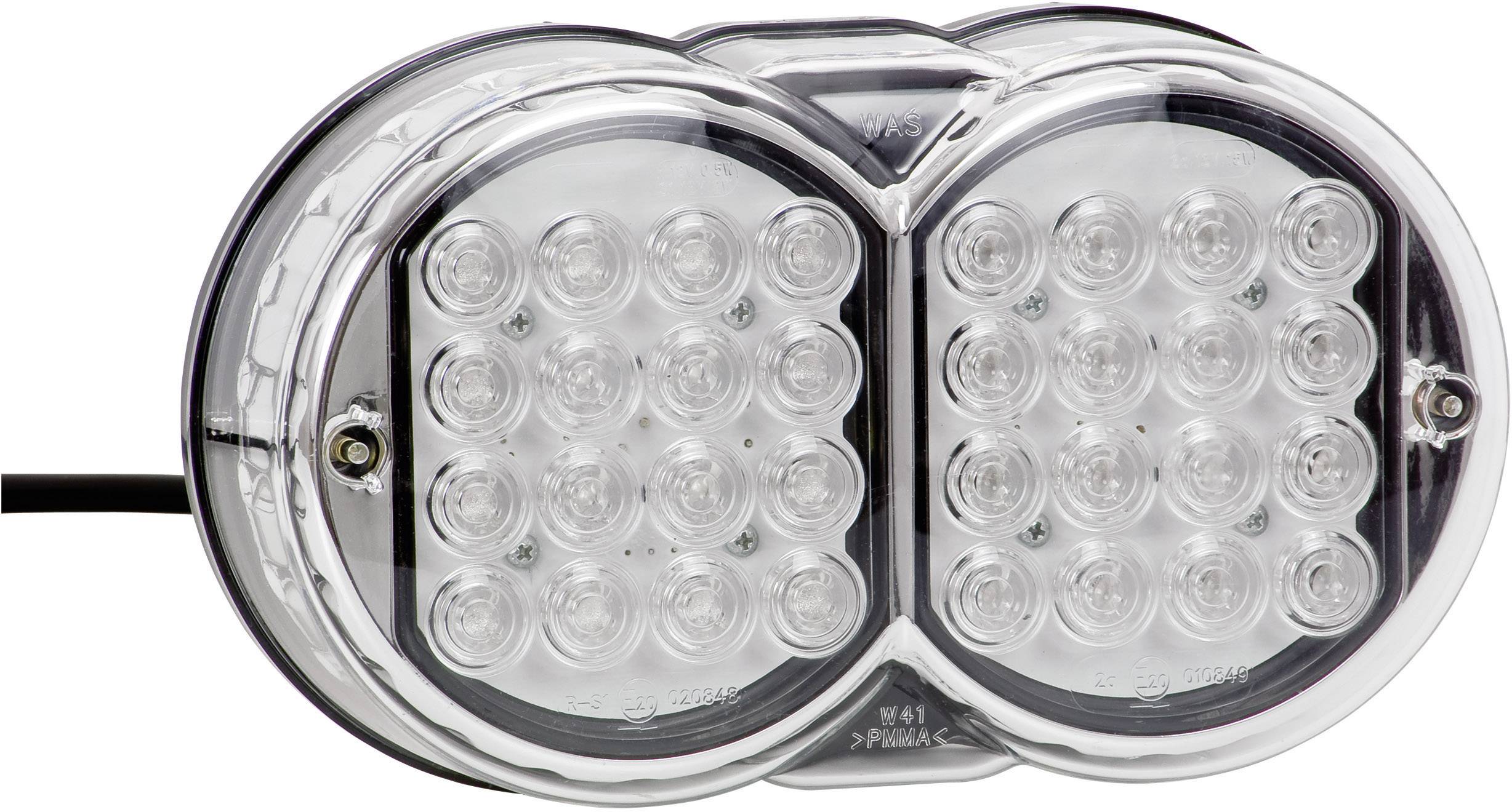 Kulaté, oválné LED světlo se dvěma poli, každé s několika LED žárovkami. Design z průhledného plastu.