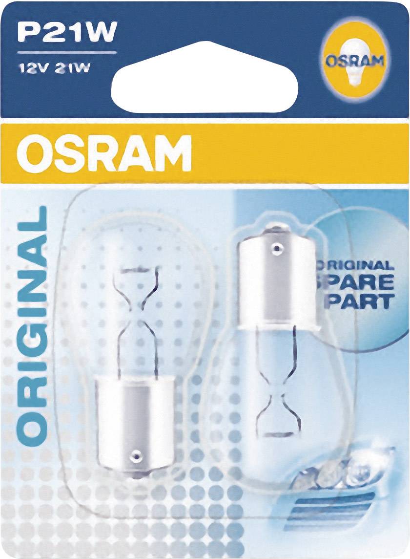 Dvě autožárovky OSRAM, model P21W 12V 21W, v jednom balení. Nápis 'ORIGINÁLNÍ NÁHRADNÍ DÍL'.