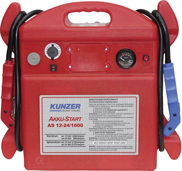 Kunzer systém pro rychlé startování auta AS 12-24/1600, max. startovací proud 1600 A, max. startovací proud Pomocný stratovací proud (24 V)=800 A, voltmetr, 1x výstup 12 V, kovové kleště