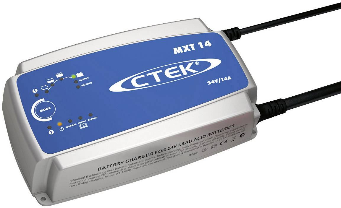 Nabíječka pro 24V olověné baterie, značka CTEK, model MXT 14, modré tělo, zobrazuje stavy nabíjení a provozní módy.