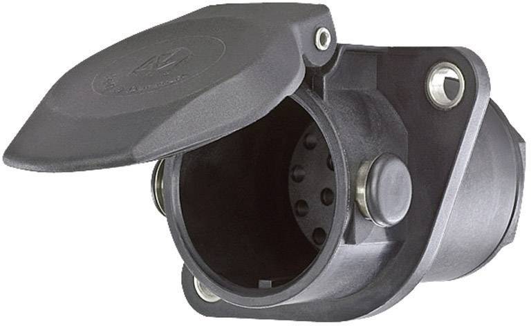 Černá zásuvka s otevřeným krytem, pravděpodobně určená pro tažná zařízení nebo podobné aplikace.