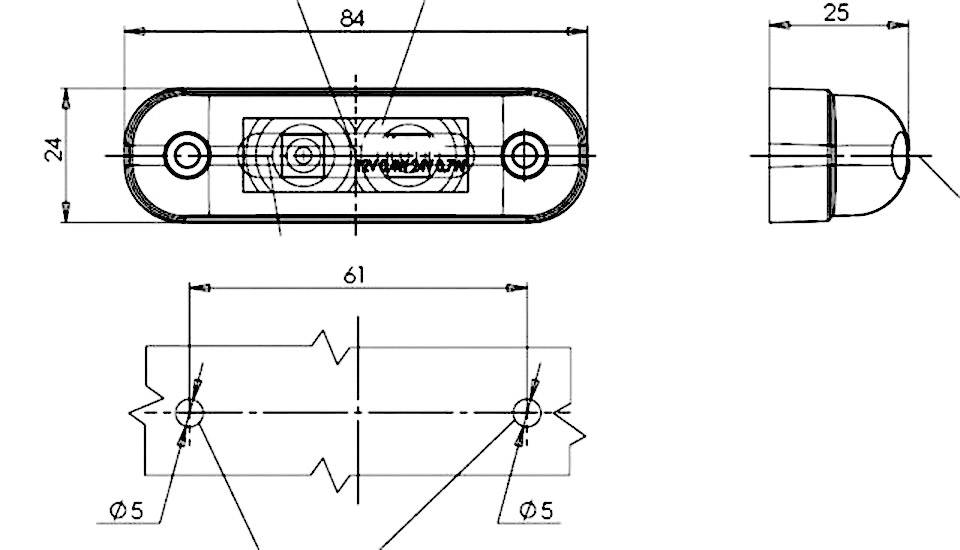 Technický výkres obdélníkové součástky s podrobnými rozměry a dvěma šroubovými otvory. Horní strana 84 mm, boční strana 25 mm.