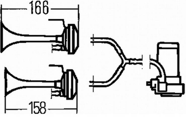 Nákres dvoukomorového systému houkačky s rozměry 166 mm a 158 mm, propojený Y-trubkou k motoru.