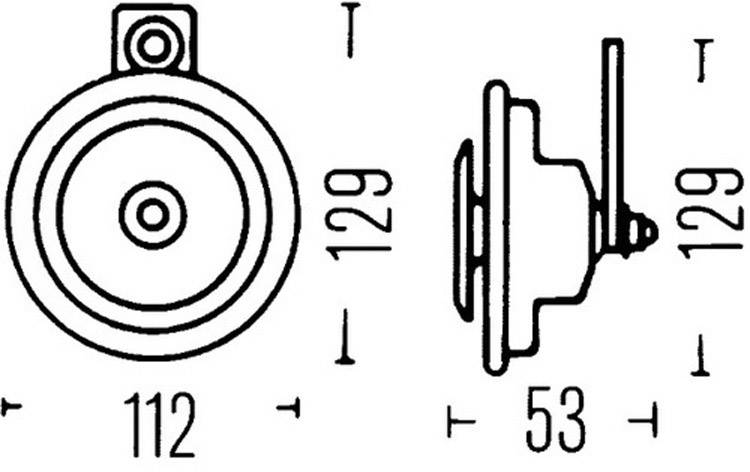 Diagram kulatého dílu s rozměry: průměr 112 mm, hloubka 53 mm, výška 129 mm.