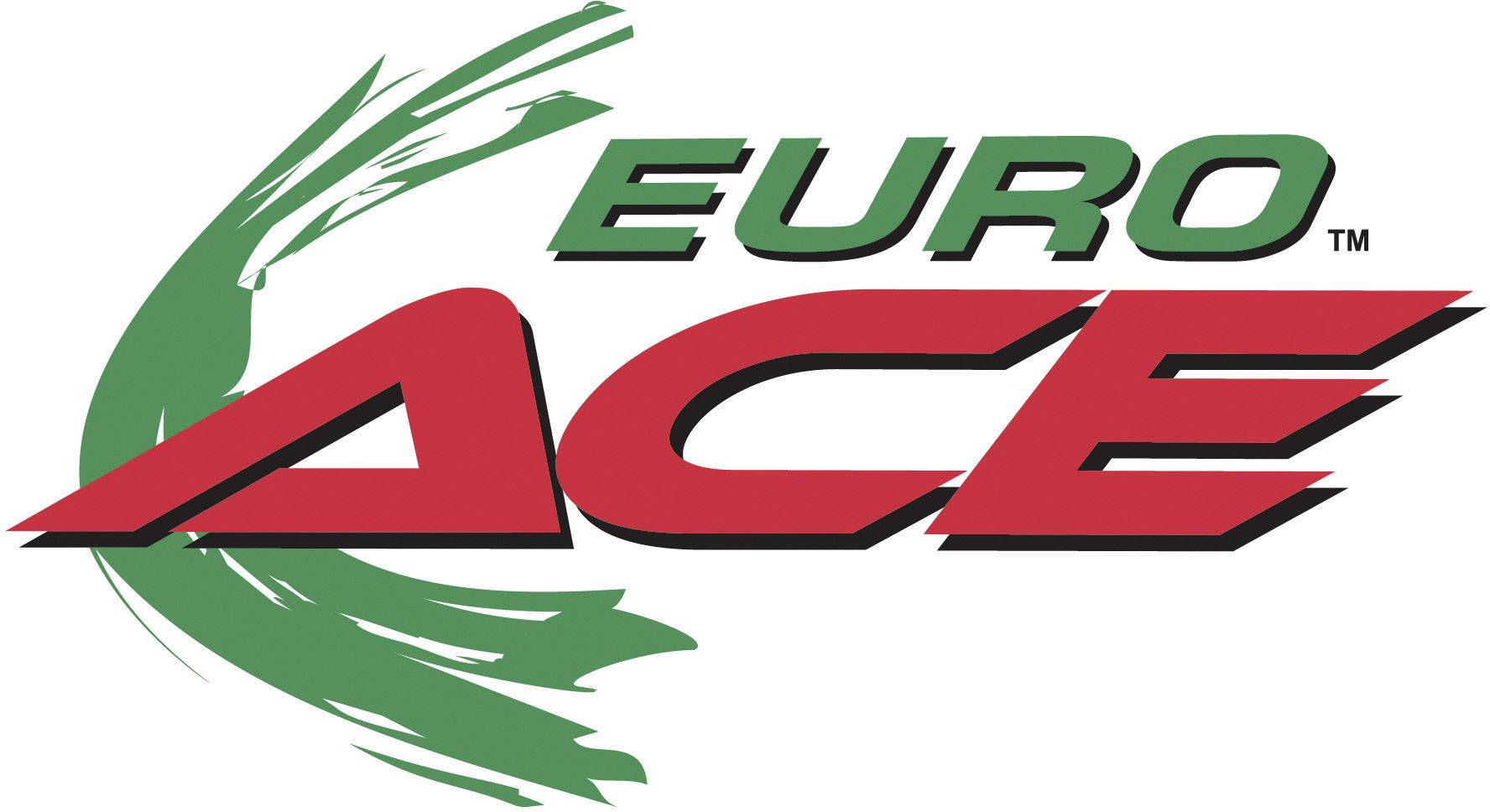 Logo 'Euro Ace' s kreativním vzorem zeleného štětcového tahu. Nápis kombinuje zelené a červené písmena. Především dekorativní prvek.