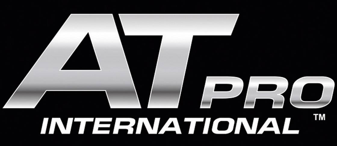 Logo 'AT Pro International', stříbrnošedý text na černém pozadí.