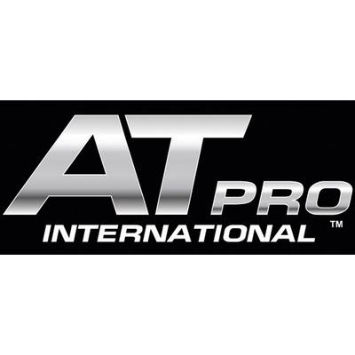 Logo 'AT Pro International', stříbrnošedý text na černém pozadí.