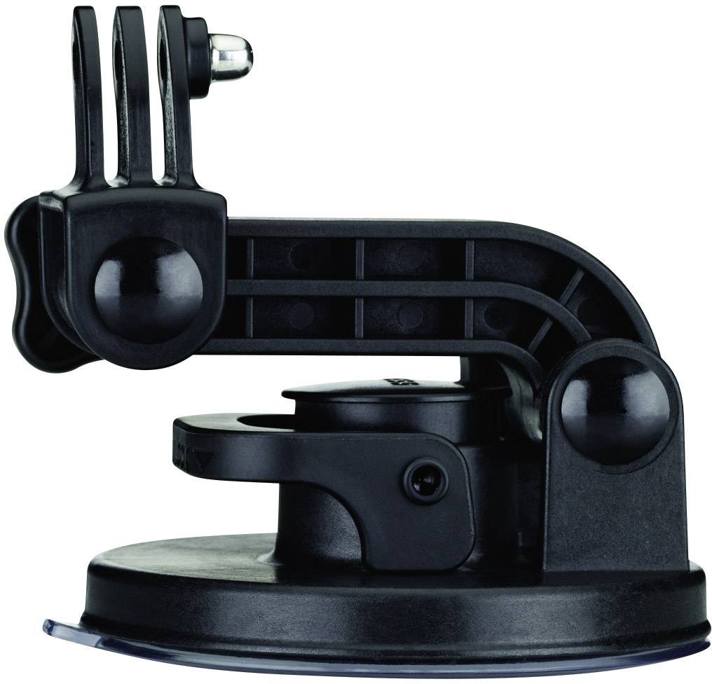 Černý přísavkový držák vhodný pro upevnění na hladké povrchy, s nastavitelným ramenem a držákem pro příslušenství fotoaparátu.