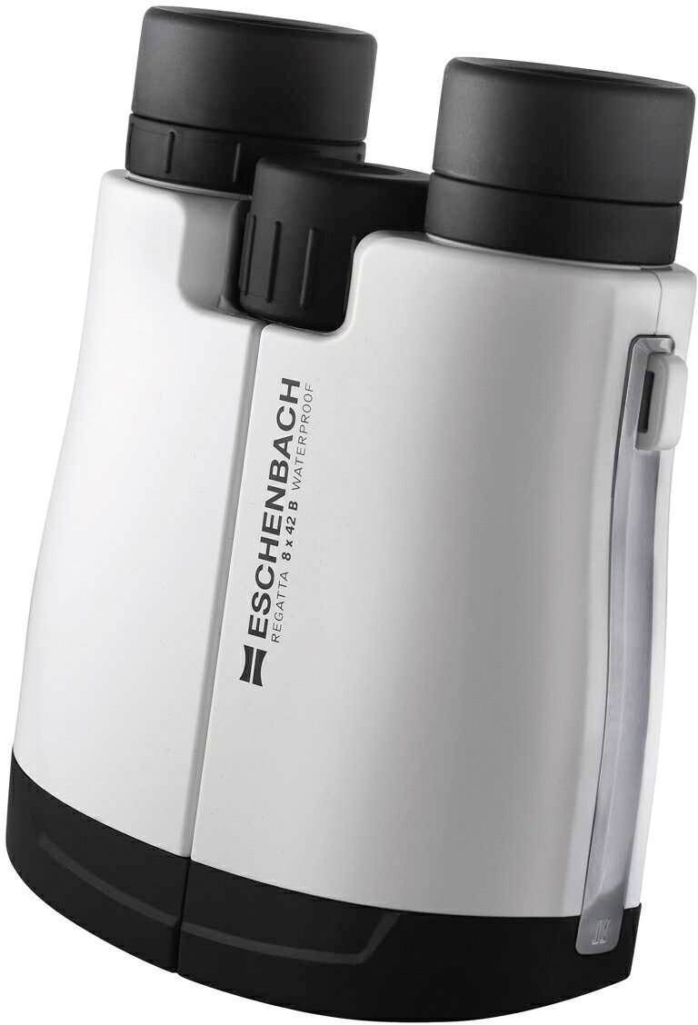 Stříbrno-černý dalekohled s nápisem 'ESCHENBACH NEUSTA 8X25 B WATERPROOF' pohledem z boku.