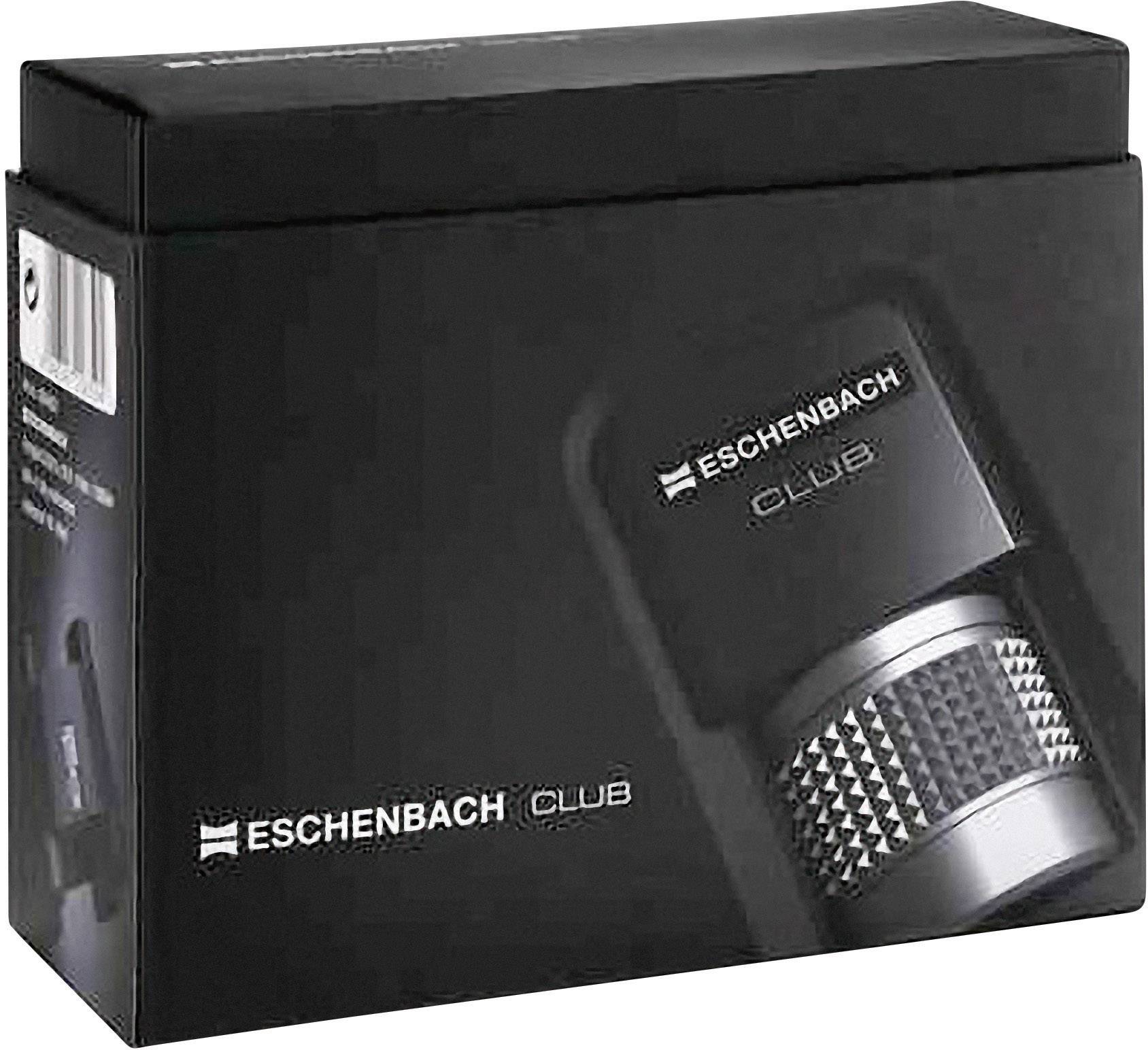 Černý obal lupy Eschenbach s detailním zvětšeným zobrazením lupy na přední straně, viditelný název značky 'Eschenbach'.