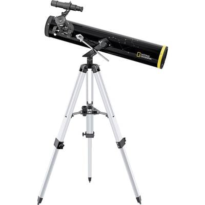 Černý teleskop se stativem pro astronomická pozorování. Má logo National Geographic a je vhodný pro amatérské použití.