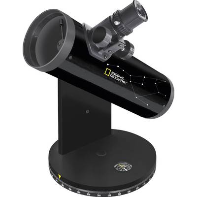 Černý teleskop od National Geographic na stabilním stojanu, s nastavovacím kolečkem a hledáčkem pro pozorování oblohy.