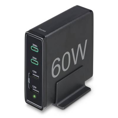 Hama USB nabíjecí hub, Rychlonabíječka, USB A, USB-C®, 60 W, Dodávka energie, černá-0