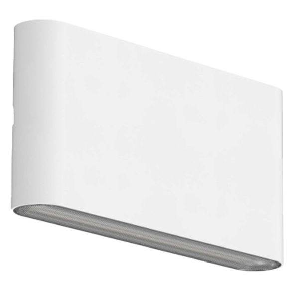 Minimalistická bílá nástěnná lampa s ohnutým tvarem, která vyzařuje světlo nahoru i dolů. Vhodná pro moderní interiér.