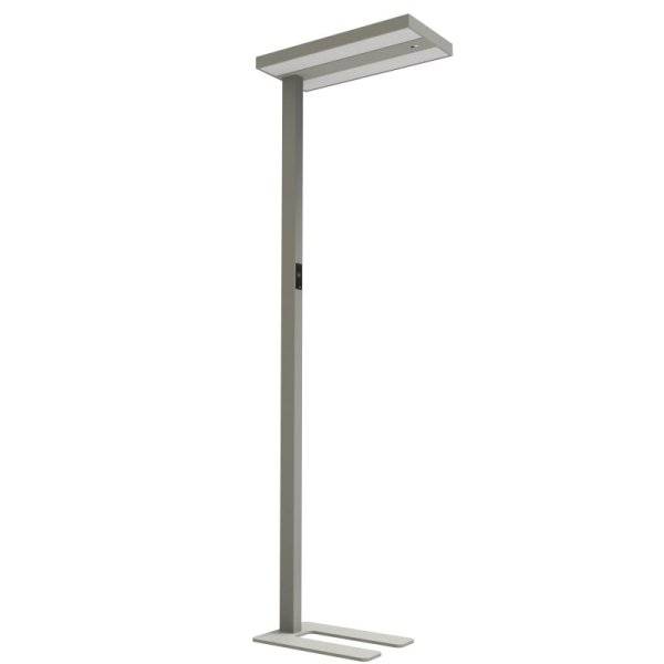 Šedá, moderní stojací lampa s obdélníkovým stínidlem a stabilní základnou. Ideální pro současné interiéry.