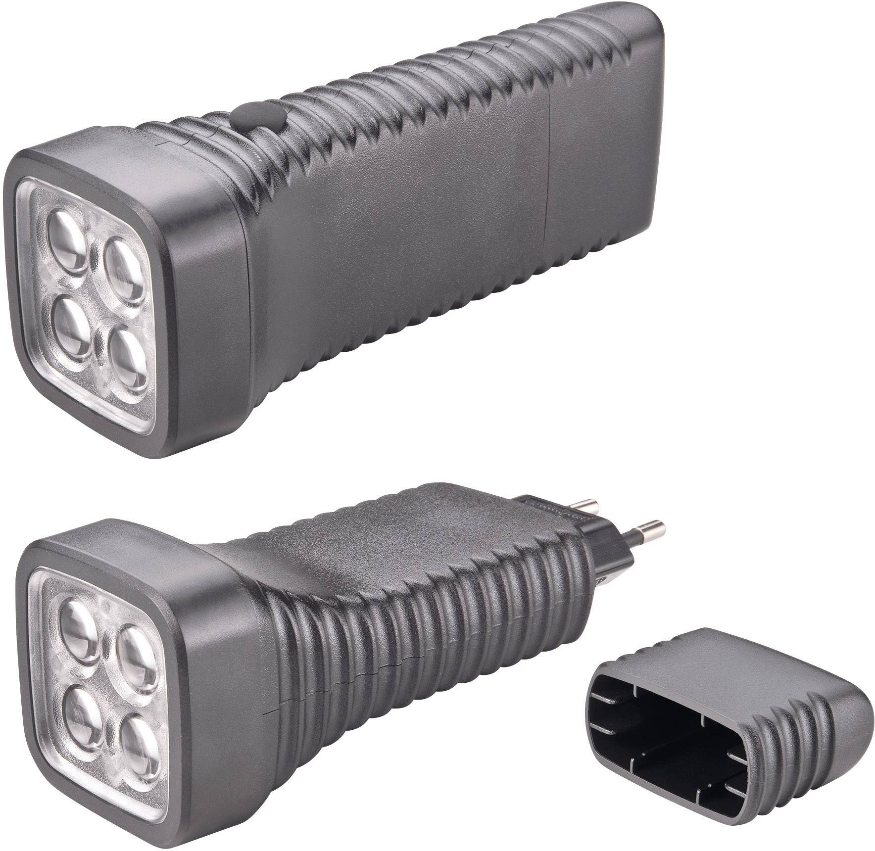 Černá svítilna se čtyřmi LED světly ve dvou pohledech. Jeden pohled ukazuje svítilnu s vyjmutým napájecím adaptérem.