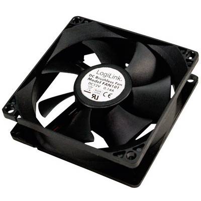 Černý DC ventilátor od LogiLink, model FAN101, s kulatým štítkem uprostřed, zobrazuje technické údaje a napětí 12V.