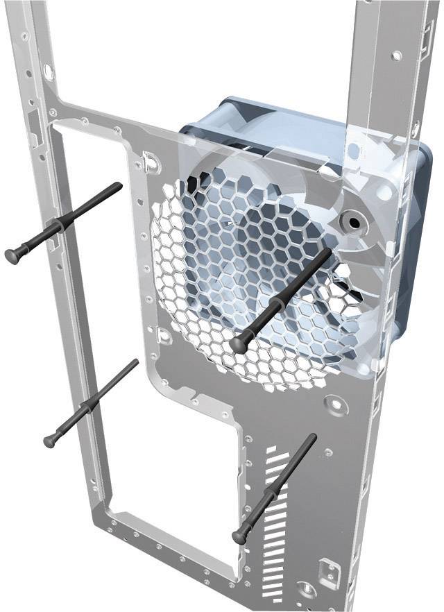 Obrázek znázorňuje instalaci ventilátoru do počítačové skříně, s upevňovacími šrouby procházejícími mřížkou ventilátoru.