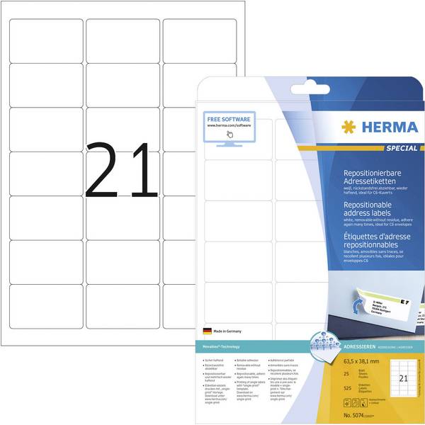 Herma 5074 Adresní nálepky 63.5 x 38.1 mm papír bílá 525 ks přemístitelné inkoustová tiskárna, laserová tiskárna, barevná laserová tiskárna, kopírka, barevná kopírka, ruční popis