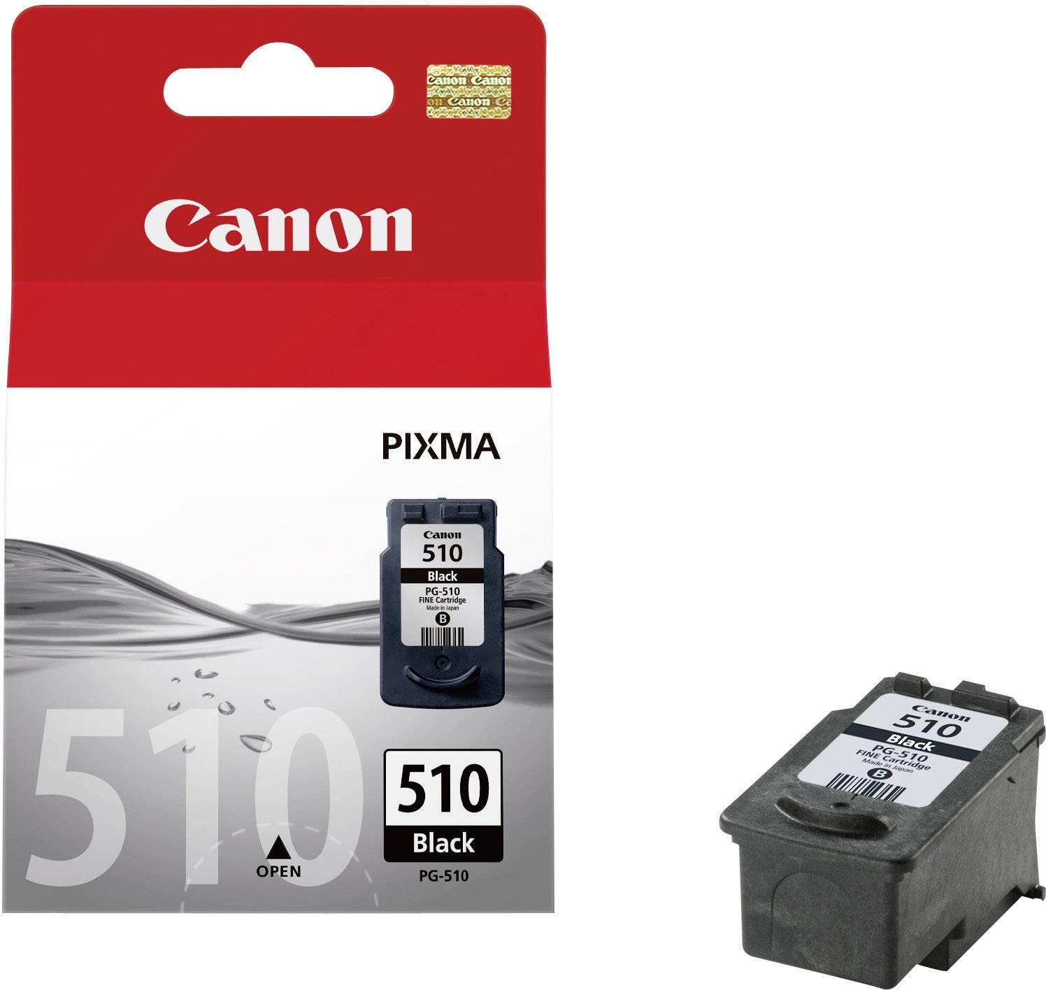 Inkoustová kazeta Canon PIXMA PG-510 v černé barvě, balení vlevo, kazeta vpravo. Vhodná pro určité tiskárenské modely Canon.