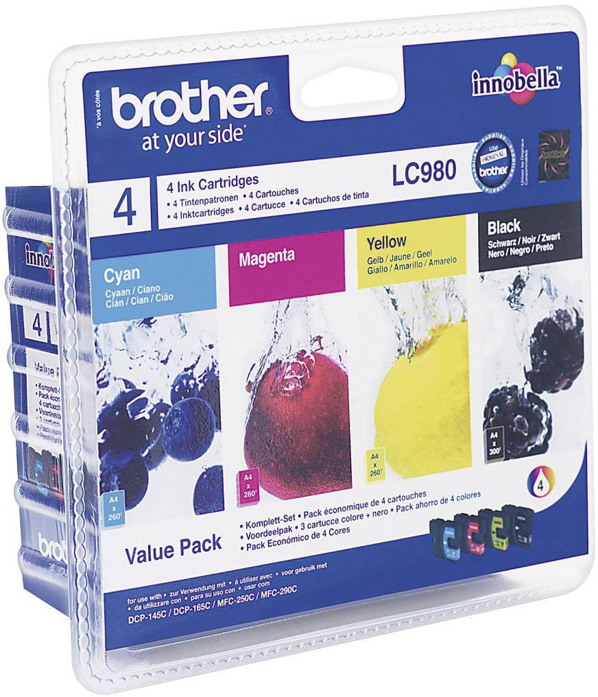 Balení čtyř inkoustových kazet Brother LC980 v barvách azurová, purpurová, žlutá a černá. Vhodné pro určité tiskové modely Brother.