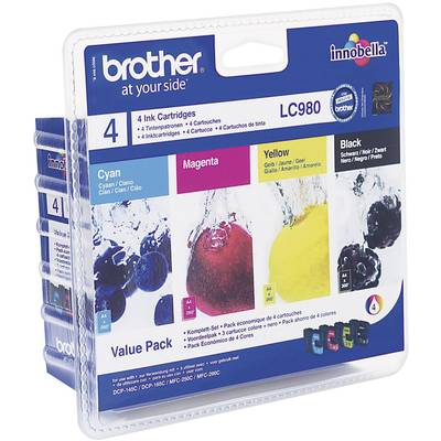 Balení čtyř inkoustových kazet Brother LC980 v barvách azurová, purpurová, žlutá a černá. Vhodné pro určité tiskové modely Brother.