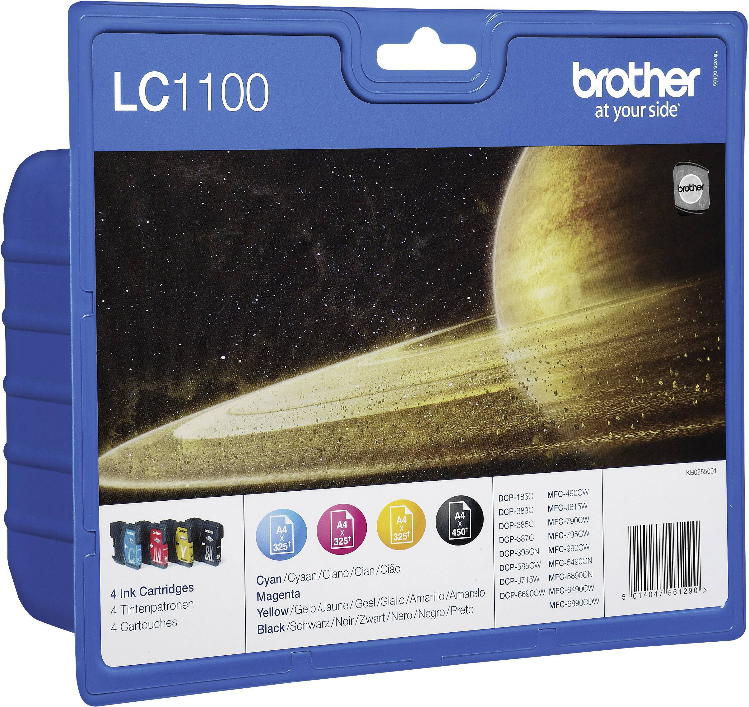 Balení inkoustových cartridgí Brother LC1100 se čtyřmi barvami: azurová, purpurová, žlutá, černá. Kompatibilní s různými modely tiskáren.