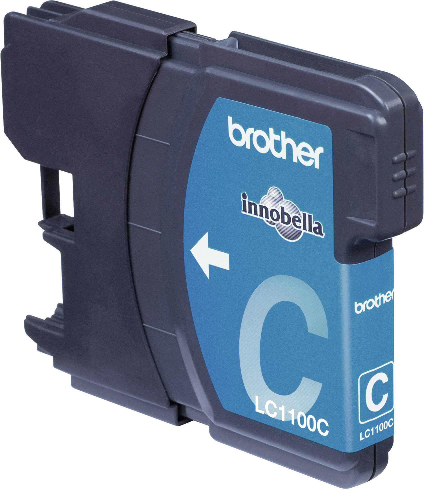 Inkoustová kazeta Brother LC1100C v azurové barvě pro tiskárnu, obdélníkového tvaru s modrým štítkem a bílým nápisem.