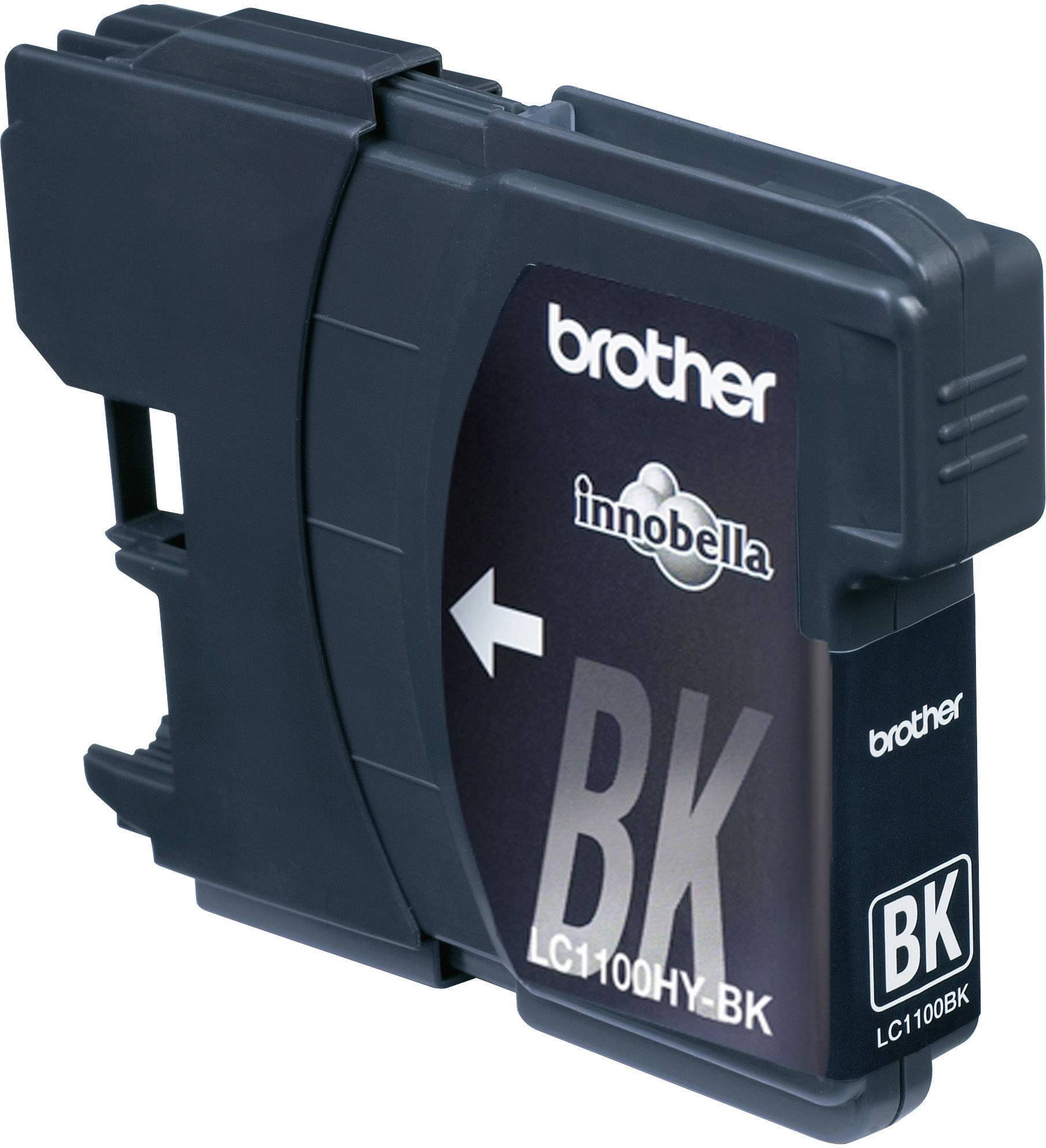 Černá inkoustová kazeta Brother s označením 'BK' a 'LC1100HY-BK', vhodná pro tiskárny.