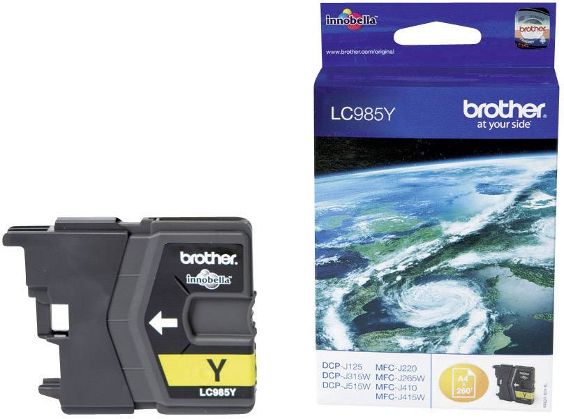 Inkoustová cartridge Brother LC985Y v žluté barvě; balení s obrázkem Země. Kompatibilní s uvedenými modely tiskáren DCP a MFC.