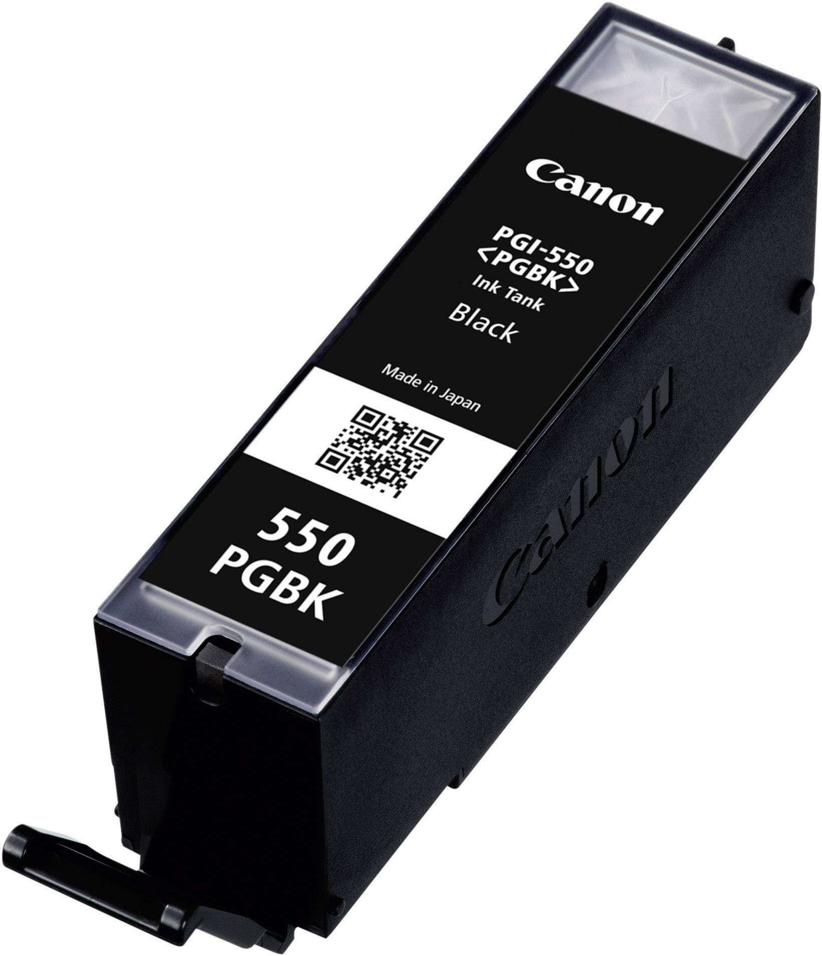 Černá inkoustová kazeta Canon PGI-550 PGBK. Popis produktu, QR kód, poznámka 'Vyrobeno v Japonsku' viditelná na kazetě.