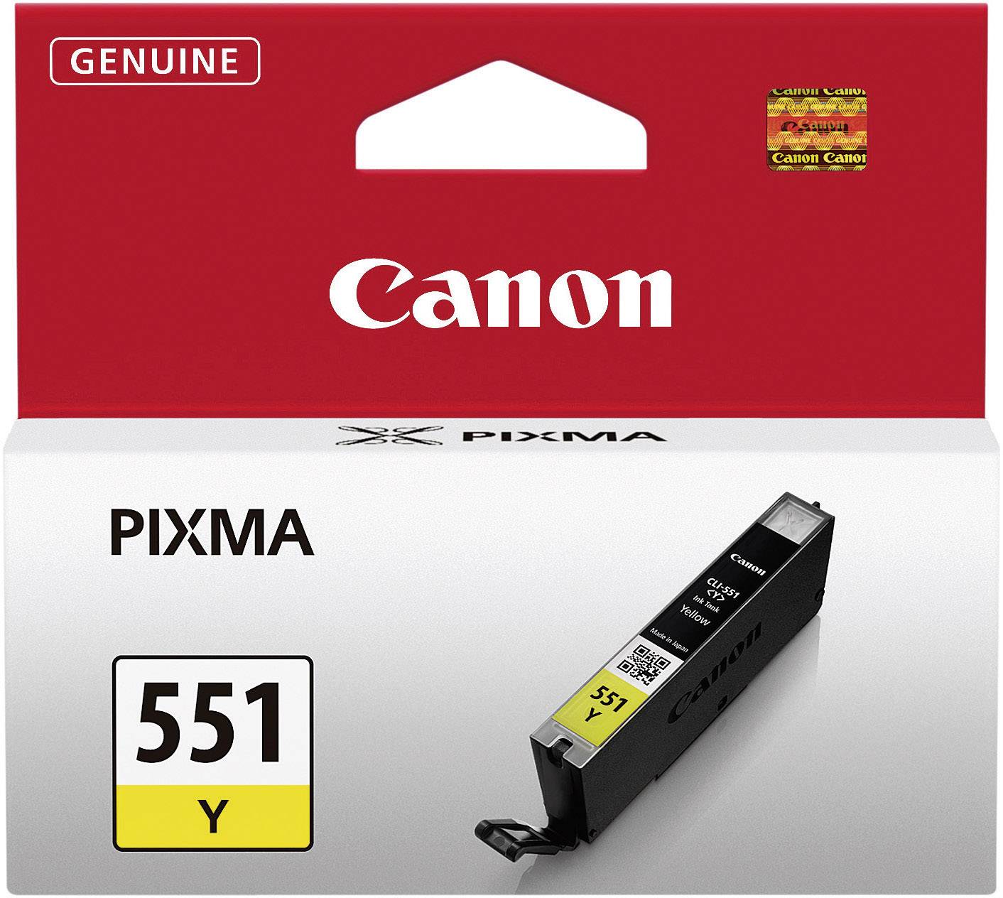 Canon inkoustová cartridge 551 ve žluté barvě, série Pixma, zobrazená v originálním obalu. Nahoře je napsáno 'Genuine Canon'.