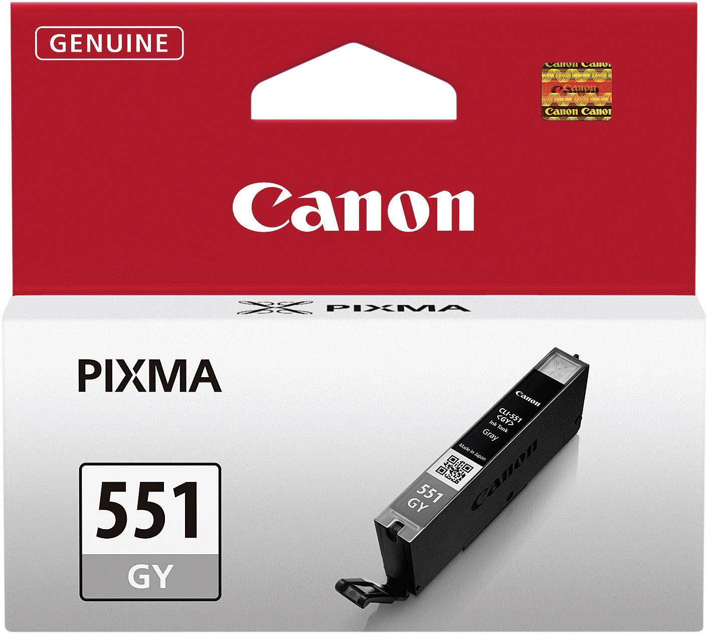 Šedá inkoustová kazeta Canon PIXMA 551 GY v červeném balení. Vlevo nahoře nápis 'Genuine', vpravo logo Canon. Navrženo pro tiskárny Canon.