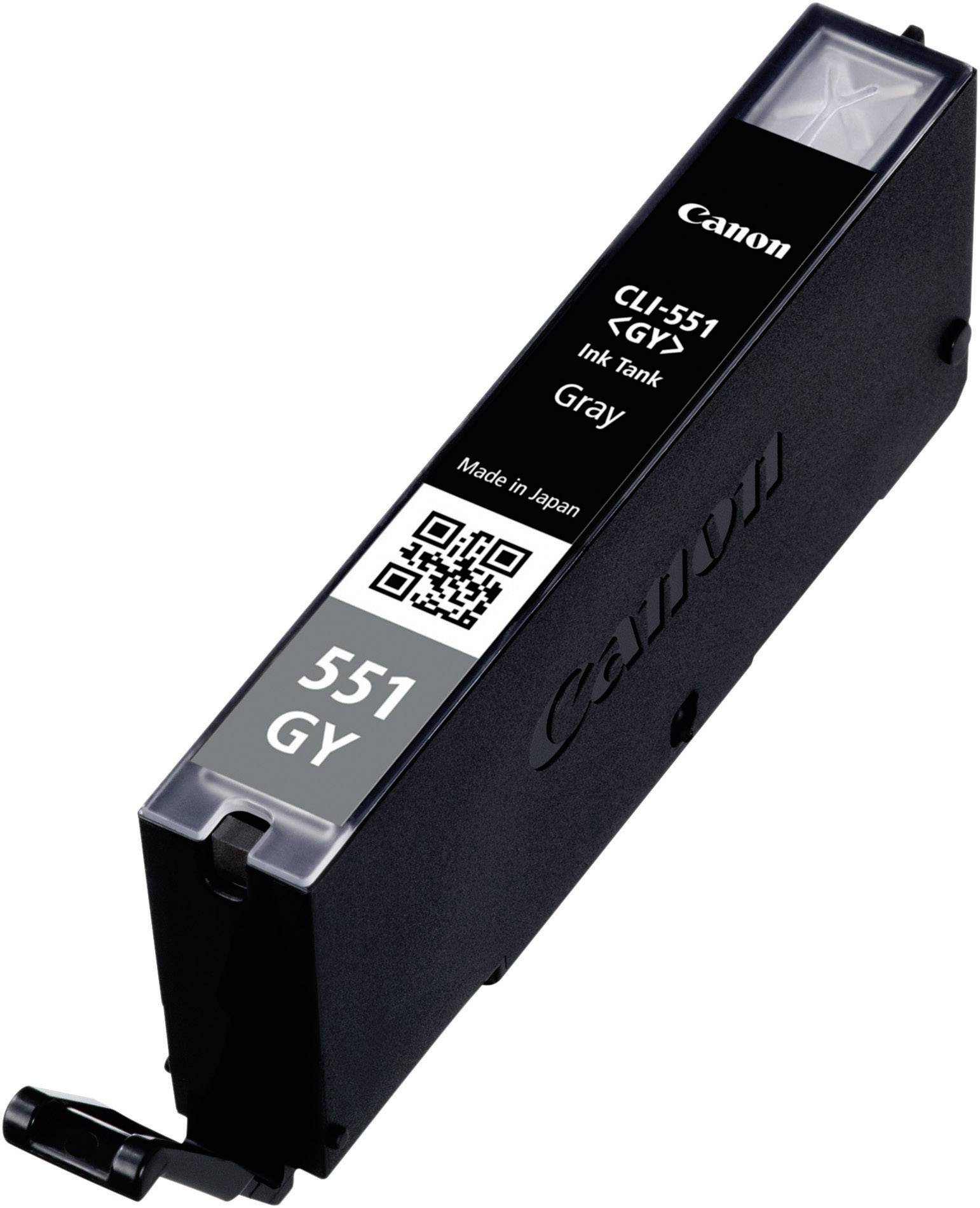 Šedá inkoustová cartridge Canon, modelové číslo CLI-551 GY, s QR kódem a nápisem "Vyrobeno v Japonsku".
