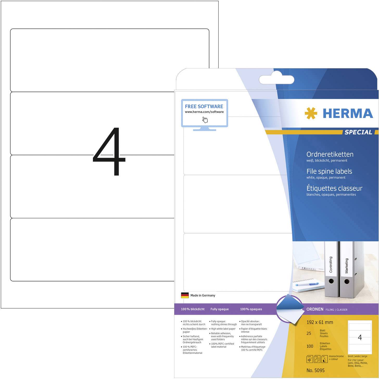Arch etiket se čtyřmi štítky na pořadače. Logo HERMA a upozornění na bezplatný software. Oblast použití: popis pořadačů.