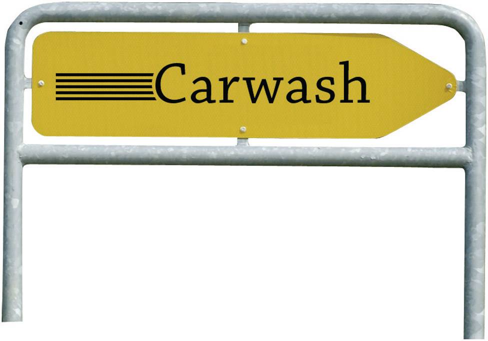 Žluté znamení s černým textem 'Carwash' a šipkou doprava, které ukazuje na automatickou myčku aut.